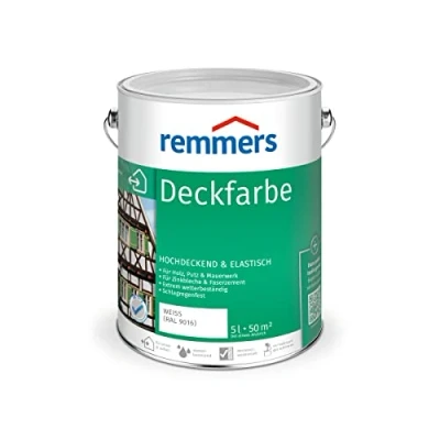 Abbildung von Remmers Deckfarbe weiß (RAL 9016), 5 Liter, für innen und außen, Wetterschutzfarbe viele Untergründe, hochdeckend, wetterfest