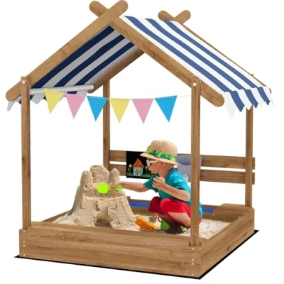 Abbildung von Outsunny Sandkasten Sandkiste aus Holz mit Sitzplatz, (Spielhaus, 1 tlg., Sandbox), für 3 7 Jahre Kinder, Garten, Braun