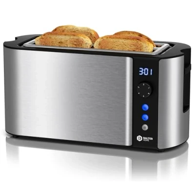 Abbildung von Balter Toaster Hochwertiger 4er Brotröster aus Edelstahl, Langschlitz, für 4 Scheiben, 1500 W, LCD Restzeitanzeige, Auftaufunktion
