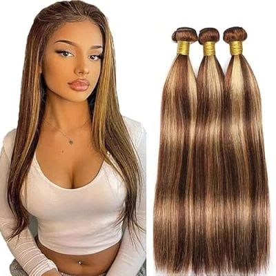 Abbildung von Tuheerst Straight Bundles Human Hair Extensions Echthaar Brasilianisches Tressen 3 Blonde P427 24 Inch Double Weft 100g/PC Highlight Remy