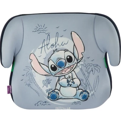 Abbildung von Disney Stitch Kindersitz mit einer Höhe von 125 bis 150 cm Grafiken auf blauem Hintergrund, Rückwand, Aufzug,
