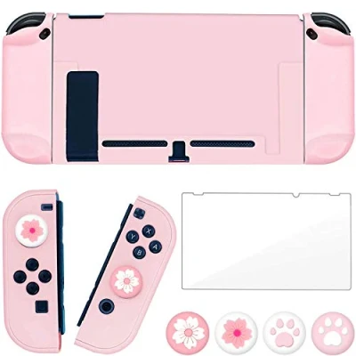 Abbildung von OLDZHU Rosa Dockable Schutzhülle Kompatibel mit Nintendo Switch Joy Con Controllern,mit Glas Displayschutz,4 Daumengriffkappen,Stoßdämpfung und Kratzfes,rosa zubehör für