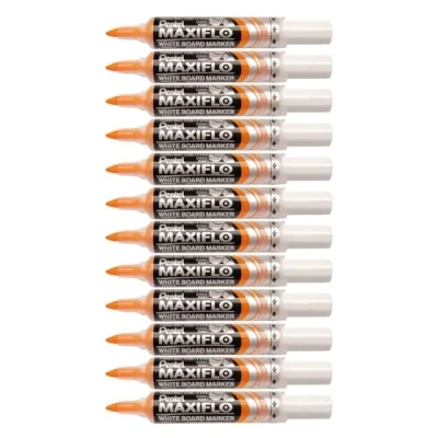 Abbildung von Pentel Maxiflo MWL6 Whiteboard Marker, trocken abwischbar, breite Keilspitze, flüssige Tinte, Orange, 12 Stück