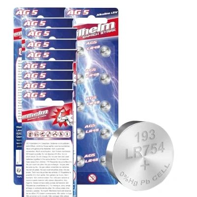 Abbildung von 100 AG5 Wilhelm Cell Knopfzellen Knopfbatterien Uhrenbatterien LR754, LR48, 193, 393 1,5V