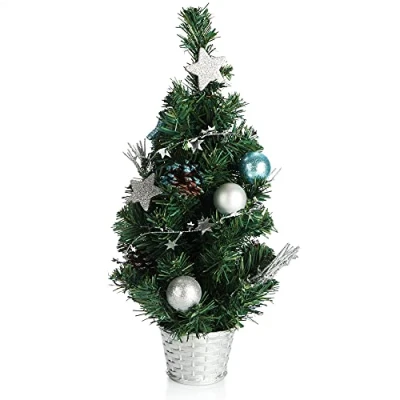 Abbildung von com four® Künstlicher Weihnachtsbaum mit Christbaumkugeln Geschmückter Tannenbaum für die Weihnachtsdekoration Christbaum Deko zu Weihnachten (01 Stück 45cm grün/silberfarben/blau)
