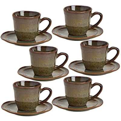 Abbildung von matches21 HOME &amp; HOBBY Tasse Espresso Tassen mit Untertassen 6er Set Modern Vintage, Keramik, Kleine Kaffee Unterteller, Steingut, braun grün, 90 ml