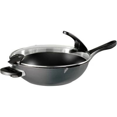Abbildung von STONELINE Wok, Aluminium (Set, 2 tlg., 1 Sieb Glasdeckel, langer Griff, kurze Griffe), mit echten Steinpartikeln, induktionsgeeignet, Designed in Germany