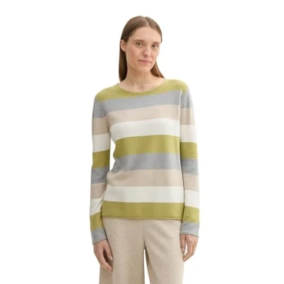 Abbildung von TOM TAILOR Damen Pullover mit Struktur,37067 Green Block Stripe, XXL