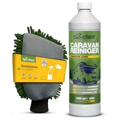 Abbildung von bio chem Caravan und Wohnmobil Reiniger Extra Starkes Konzentrat 1000 ml inkl. 2 in 1 Mikrofaser Schwamm für Wohnmobile, Wohnwagen, Vorzelte, Regenstreifenentferner Made DE