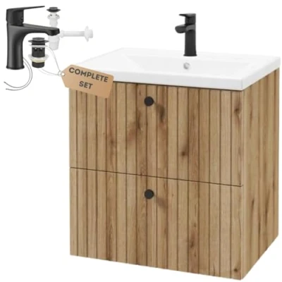 Abbildung von Deftrans Domodomo Badezimmerschrank mit Waschbecken, 60 x 46 64 cm Eiche, Badezimmer Hängeschrank waschbeckenunterschrank schubladen (Evoke Eiche Wascharmatur)