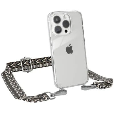 Abbildung von EAZY CASE Handykette mit verstellbarem Trageriemen für iPhone 15 Pro Taschengurt zum Wechseln transparenter Handyhülle Hülle dünner Schulterriemen in Grau Schwarz Silber