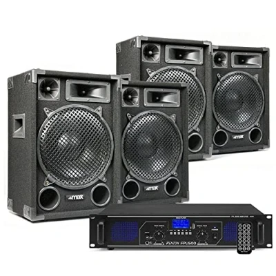 Abbildung von DJ Lautsprecherset mit 4x MAX12 Lautsprechern und Bluetooth Verstärker