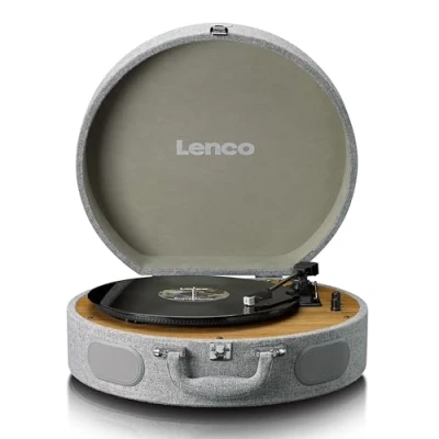 Abbildung von Lenco LS 66 Plattenspieler Bluetooth® Empfang &amp; Übertragung, 2 integrierte Lautsprecher, AT3600 Magnettonabnehmer, Riemenantrieb, Auto Stop, 33/45 U/min, RCA Anschluss, Holzgehäuse Grau