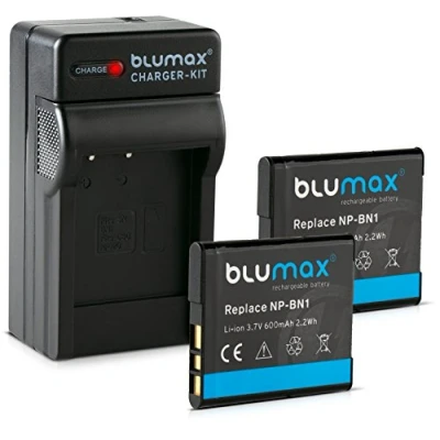 Abbildung von Blumax 2X Akku für Sony NP BN1 / NPBN1 600mAh + Ladegerät passend zu Cyber Shot DSC QX10, QX100, T99, T110, TF1