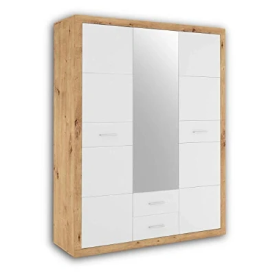 Abbildung von Stella Trading STONE Eleganter Kleiderschrank mit viel Stauraum &amp; Spiegeltür Vielseitiger Drehtürenschrank in Artisan Eiche Optik Weiß 151 x 198 55 cm (B/H/T)