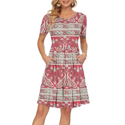 Abbildung von AUSELILY Rot Teilen Blumen Kleider Damen Sommerkleid A Linie Kleid Casual Freizeitkleid Kurzarm Lose Fit Boho Floral M