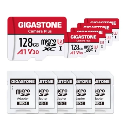 Abbildung von Gigastone Kamera Plus 128GB MicroSDXC Speicherkarte 5er Pack + SD Adapter, für Action und Drohne, Lesegeschwindigkeit bis zu 100MB/s, Full HD Videoaufnahme, A1 U3 Klasse 10 Micro Karte UHS I