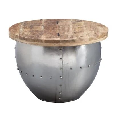 Abbildung von FINEBUY Couchtisch FB24276 (Mango Massivholz / Metall 60x43x60 cm Silber Rund), Sofatisch mit Stauraum, Wohnzimmertisch Industrial