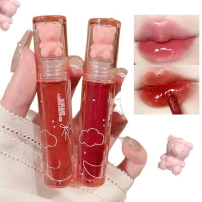 Abbildung von MMcute 2Pcs Bear Lip Glaze Jelly Lipstick,Liquid Lipstick Cute Lipgloss Moisturizing Stain Plumping Water Gloss Waterproof Long Lasting Cheek Rouge Tint Cosmetics Beauty Makeup