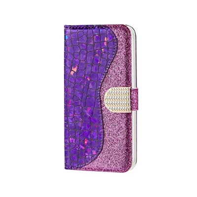 Abbildung von Bling Hülle für Samsung Galaxy A40, CrazyLemon Purple Strass &amp; Glitter PU Leder Magnetisch Flip Brieftasche mit Kartenhalter Voller Schutz Stoßfest Schutzhülle A40