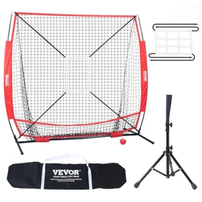 Abbildung von VEVOR Pitching Netz Target Baseball 153,4 x 90 153 cm, &amp; Softball aus Polyester Pitcher für Jugendliche Erwachsene, Tragbare 600D Aufbewahrungstasche Rot