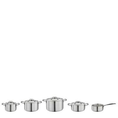 Abbildung von Spring Topf Set GOURMET, 5 teilig, Mehrschichtige Edelstahl Töpfe mit Deckel, Backofengeeignet, Innenskalierung, Kochtopf Ø 16, 20, 24 cm, Bratentopf 20 Stielkasserolle 16 Schwarz