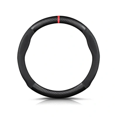 Abbildung von Ergocar Runde Forme Kohlefaser und Mikrofaser PU Leder Lenkradbezug Anti Rutsch Atmungsaktiv lenkradhülle Schweißabsorbierend Sport Für Durchmesser 38cm（15&quot;） Schwarz Rot