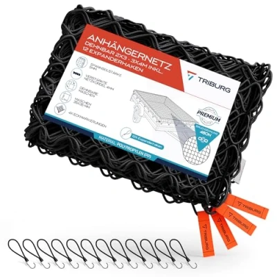 Abbildung von TRIBURG Anhängernetz Dehnbar 2x3 m bis 3x4 inkl. 12 Expanderhaken Elastisches Anhänger Netz mit Eckmarkierungen und Gummiseil