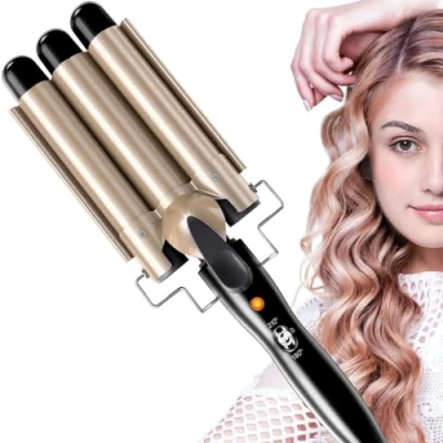 Abbildung von Dreifache Fässer Lockenstab Professional 25mm Lockenwickler, Wellenstyler Turmalin Keramik Digitale Temperaturanzeige für Lange/kurze Haare