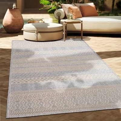 Abbildung von Paco Home In &amp; Outdoor Teppich Balkon Terrasse Küchenteppich Modernes Boho Ethno Muster, Grösse:160 cm Rund, Farbe:Grau