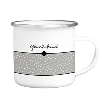 Abbildung von Interluxe EMAILLE Becher GLÜCKSKIND Tasse Minimalism Black and White Scandi Geschenkidee Freunde