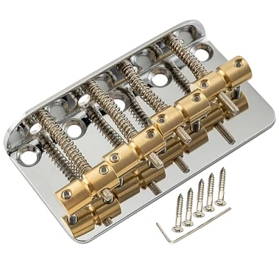 Abbildung von Musiclily Pro 19mm Klassisch Standard Top Load 4 Saiter Bass Steg Bridge mit Messing Saitenreiter Stahlplatte, Chrom