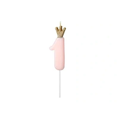 Abbildung von partydeco Geburtstagskerze, Geburtstagskerze Zahl 1 mit Glitzer Krone 9,5cm rosa