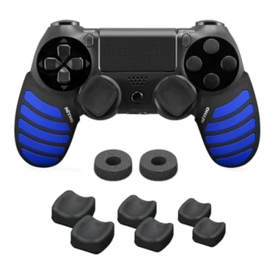 Abbildung von NiTHO Gaming Kit für PS4 Controller, Anti Schweiß Silikongriffe, 2 Analoge Präzisionsringe, 3 Größen von Konkaven Joystick Kappen, Spielzubehör Playstation 4 Controller Schwarz/Blau