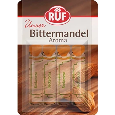 Abbildung von RUF Backaroma Bitter Mandel, 4 Fläschchen Mandel Aroma für Kuchen, Torten, Waffeln oder Plätzchen, tröpfchenweise dosierbar, glutenfrei, vegan