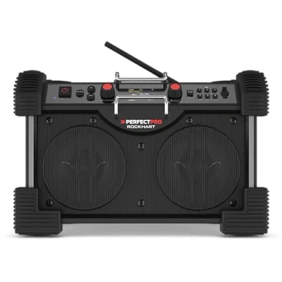 Abbildung von PerfectPro Baustellenradio ROCKHART, DAB+ und UKW Empfang, Bluetooth, AUX Eingang USB Eingang, Powerbank, Inklusive Ladegerät Lithium Akku, RH4