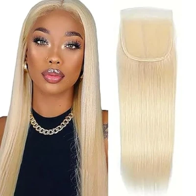 Abbildung von Tuheerst Lace Frontal Closure 4x4 Human Hair Blonde Straight with Natural Hairline Brazilian Remy No Smell Tangle for Woman 18 Inch