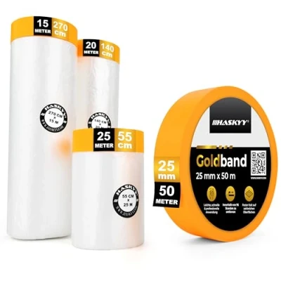 Abbildung von HASKYY 60M Abdeckfolie mit Klebeband 55cm + 140cm 270cm Goldband 25mmx50M 82QM Maler Abdeck Band Folie 4er Set Perfekt für Innen Selbstklebende Lackierer Abklebe UV Schutz
