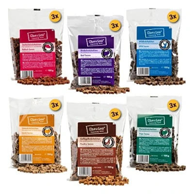 Abbildung von Chewies Hundeleckerli Mix Paket, Training Mini Knöchelchen 18 x 125 g für Hunde Rind, Pansen, Geflügel, Lamm, Wild &amp; Lachs Trainings Leckerli Hundesnacks zuckerfrei mit hohem Fleischanteil
