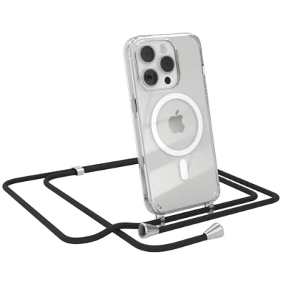Abbildung von EAZY CASE Handykette kompatibel mit iPhone 15 Pro Kette zum Umhängen Stoßfest Handyhülle für Silikon Hülle Band Handytasche Transparent als Fallschutz in Schwarz Clips Silber