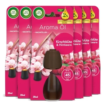 Abbildung von Air Wick Aroma Öl Flakon Nachfüller Duft: Kirschblüte und Himbeere Fruchtig floraler Wohnungsduft mit ätherischen Ölen 6 x 20ml Duftöl Set