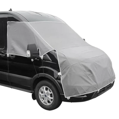 Abbildung von Frontscheiben Abdeckung kompatibel für Verschiedene Marken Abdeckplane Wohnwagen mit UV Schutz 160 GSM Vliesstoff, Spiegelschlitzen &amp; Spanngurten (Kompatibel Ford Transit ab 2014)