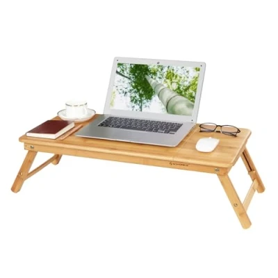 Abbildung von SONGMICS Laptoptisch, klappbarer und höhenverstellbarer Notebooktisch, mit Lüftungslöchern, für Links Rechtshänder, Betttisch aus Bambus Schublade, 72 x (21 29) 35 cm (B H T) LLD004