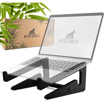 Abbildung von My Fat Gorilla Laptop Ständer aus Bambus, ergonomische universal Halterung für Notebook Erhöhung, kompatibel 10 15 Zoll, Schreibtisch, vertikaler Stand (Bambus Schwarz)