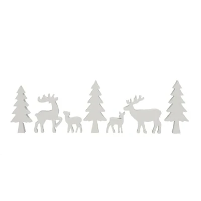 Abbildung von Spetebo Holz Tannenwald zum dekorieren 7 teilig weiß Weihnachts Deko Tierfiguren Set Tischdeko Winter Wald Tanne Tier Hirsch Rentier Figur Weihnachtsdeko