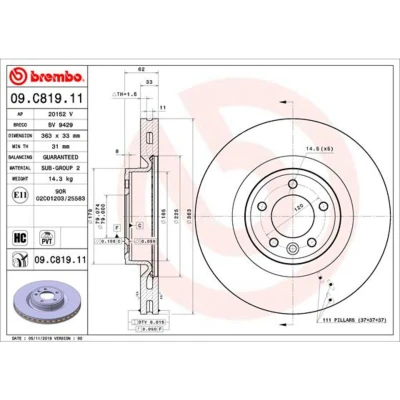 Abbildung von BREMBO 09.C819.11 Bremsscheibe 363 33 5 innenbelüftet beschichtet hochgekohlt LAND ROVER: Discovery 5, Range Rover Sport, 4