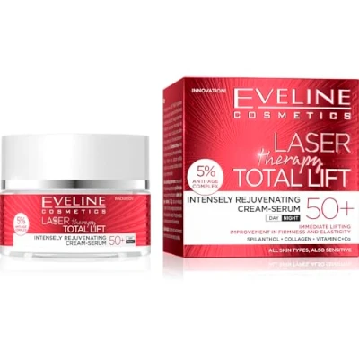 Abbildung von Eveline Cosmetics Laser Therapy Total Lift Anti Aging Creme Serum 50+ Fortschrittliche Faltenreduktion &amp; Hautstraffung mit Spilanthol, Kollagen und Vitamin C 50 ml