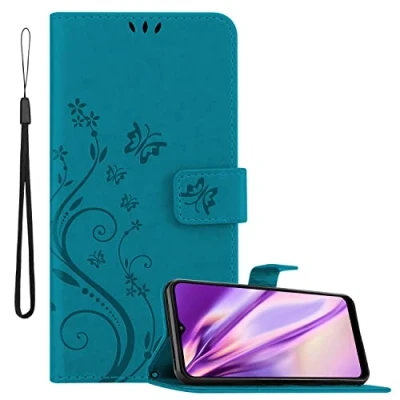 Abbildung von Cadorabo Hülle kompatibel mit Samsung Galaxy A22 5G Blumen Design aus Kunst Leder Flip Klappbare Stoßfeste Magnetische [Standfunktion] [Kartenfächern] Cover für Tasche in Blau