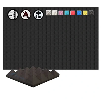 Abbildung von Arrowzoom 24 Akkustik Platten Akkustikschaumstoffmatten Akustikschaumstoff 25x25x5cm Fliesen Dämmung Wanddeko Pyramiden Noppenschaumstoff Breitbandabsorber Decke Foam Feuerhemmend Schwarz