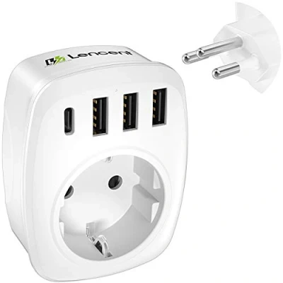Abbildung von LENCENT Reiseadapter Adapter Schweiz Deutschland Stecker, EU auf CH, Typ J, Reisestecker für Liechtenstein Wand Steckdosen, Mit 3 USB/1 C/AC Steckdosenadapter